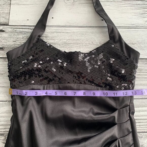 Vintage 90s Y2K B. Smart Black Satin Sparkle Ruched Halter Dress - Picture 11 of 14
